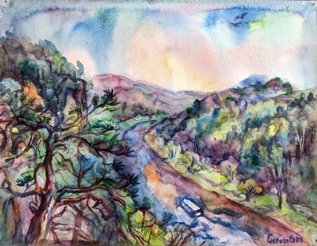 Gorodetska. Sächsische Schweiz. Elbe. Landschaft. Aquarell