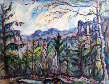Gorodetska. Sächsische Schweiz. Wald mit den Bergen. Landschaft. Aquarell