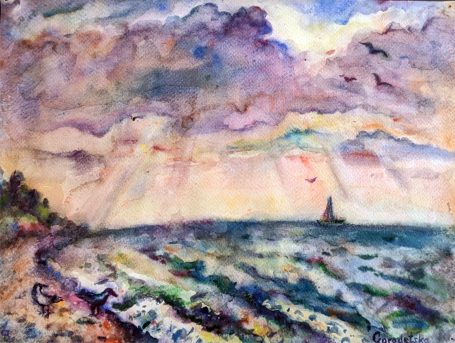 Gorodetska. Ostsee. Abend. Landschaft. Aquarell