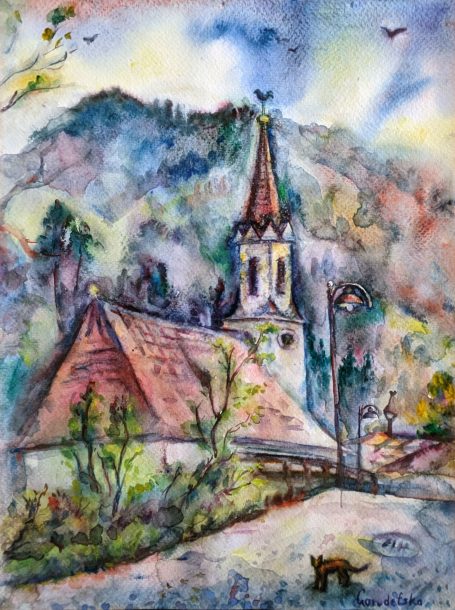 Gorodetska. Kirche in Alpen. Aquarell. Landchaft