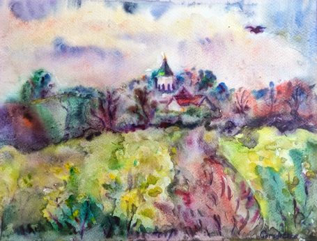 Gorodetska. Masenei. Rapsfeld. Landschaft. Aquarell