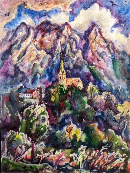 Gorodetska. Alpen. Kirche in den Bergen. Landschaft, Aquarell