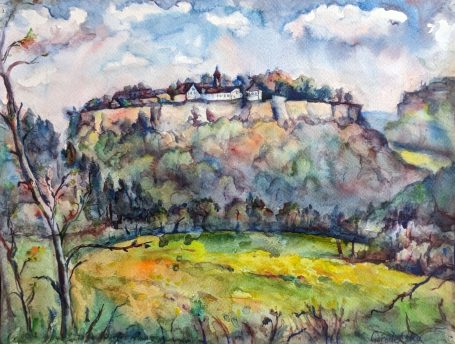 Gorodetska. Blick auf Königstein. Sächsische Schweiz. Landschaft. Aquarell