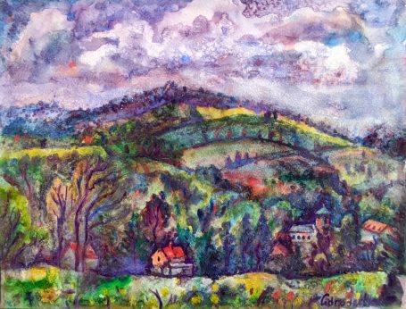 Gorodetska. Sächsische Schweiz. Hügel. Landschaft. Aquarell