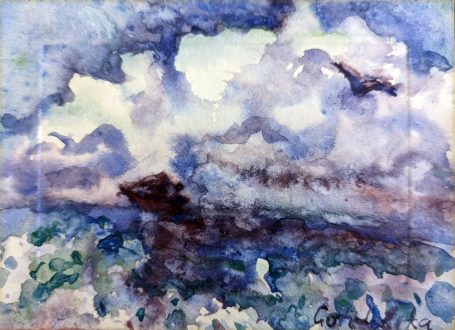 Gorodetska. Ostsee. Meer. Strand. Tag. Schiff. Möwe. Landschaft. Aquarell.
