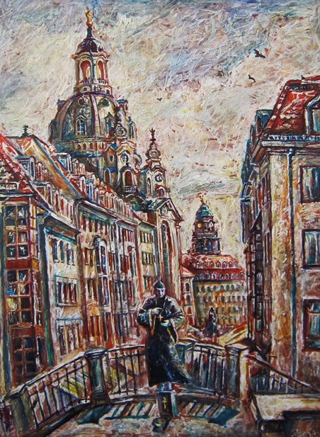 Viktoriya Gorodetska, Frauenkirche Dresden mit mimischen Figur von Martil Luther