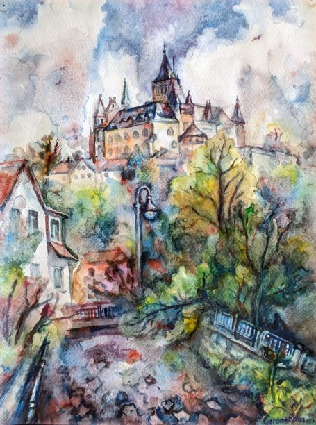 Gorodetska. Schloss am Brocken. Landschaft. Aquarell