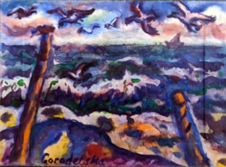 Gorodetska. Ostsee. Tag. Möwen. Meer. Strand. Landschaft. Aquarell