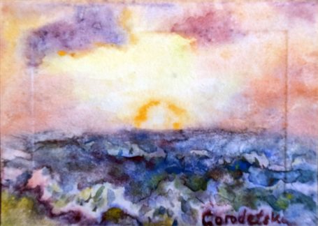 Gorodetska. Ostsee. Sonnenuntergang. Meer. Strand. Landschaft. Aquarell