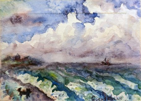 Gorodetska. Ostsee. Strand mit dem Hund. Stimmung, Landschaft. Aquarell
