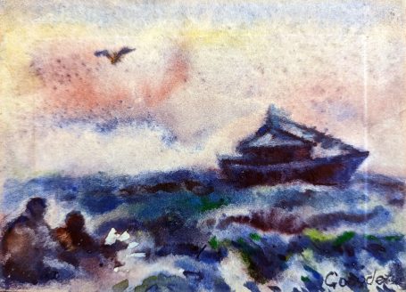 Gorodetska. Ostsee. Meer. Strand. Badende. Schiff. Möwe. Landschaft. Aquarell