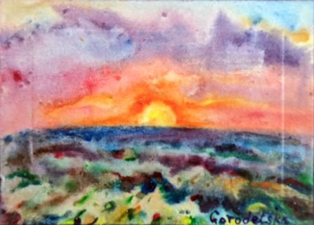 Gorodetska. Ostsee. Sonnenuntergang. Meer. Strand. Landschaft. Aquarell