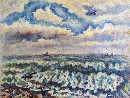 Gorodetska. Ostsee. Wolkiger Tag. Landschaft. Aquarell