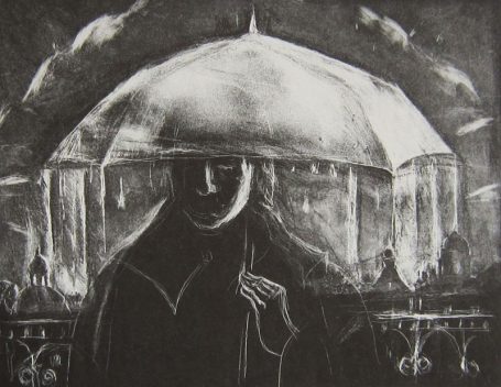 Viktoriya Gorodetska, Figur mit dem Regenschirm im Herbst, Lithographie 