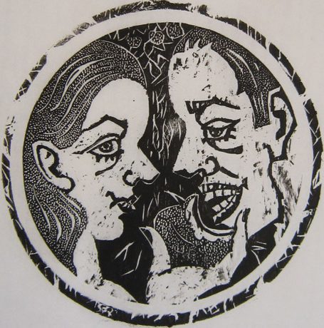 Viktoriya Gorodetska, Adam und Eva Sündenfall, Holzschnitt