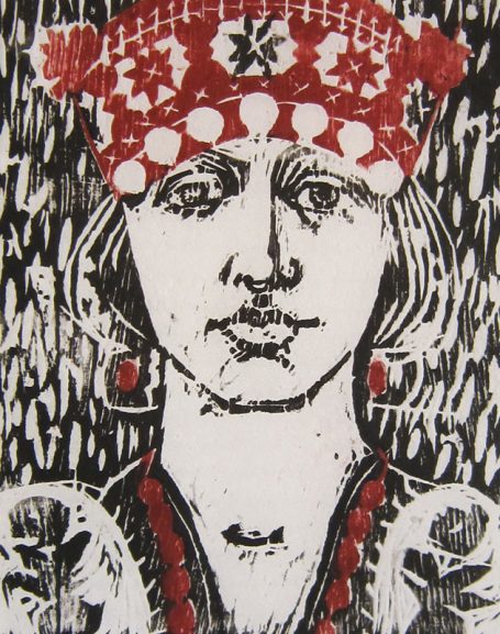 Viktoriya Gorodetska, Frau in ukrainischer Tracht, Ukrainerin, Holzschnitt 