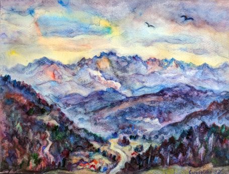 Gorodetska. Alpen. Berge. Landschaft, Aquarell