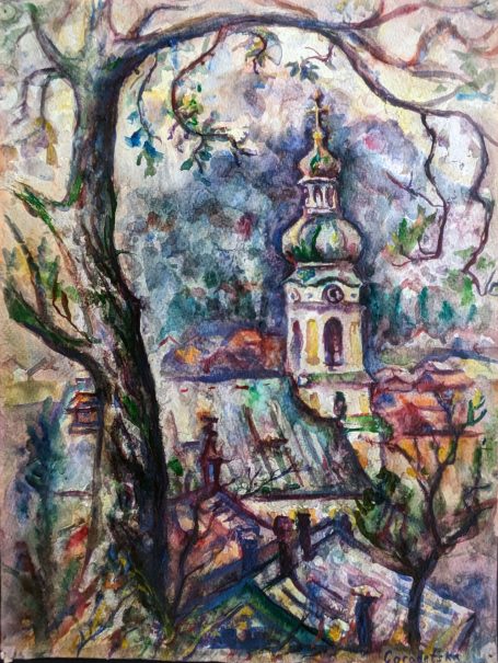 Gorodetska. Kirche mit dem Baum. Alpen. Aquarell, Landschaft 