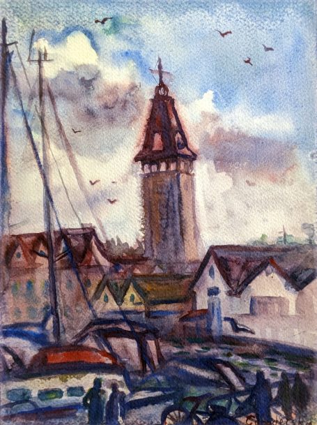 Gorodetska. Hafen. Ostsee. Abend. Landschaft. Aquarell